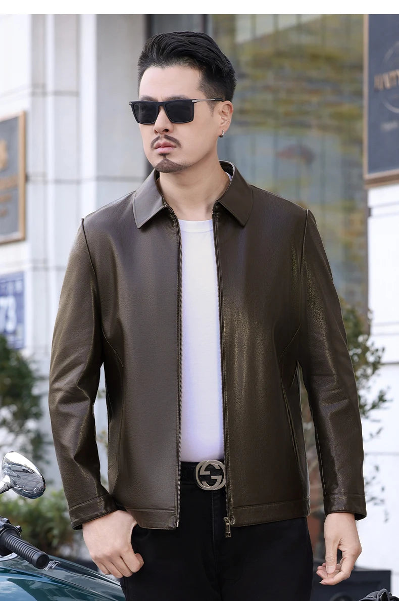 YN-2335 Spring and Autumn Men's Genuine Leather Polo Mock Neck Jacket Fashion Slim Sheepskin Coat Black Grey Husband Gift Youth