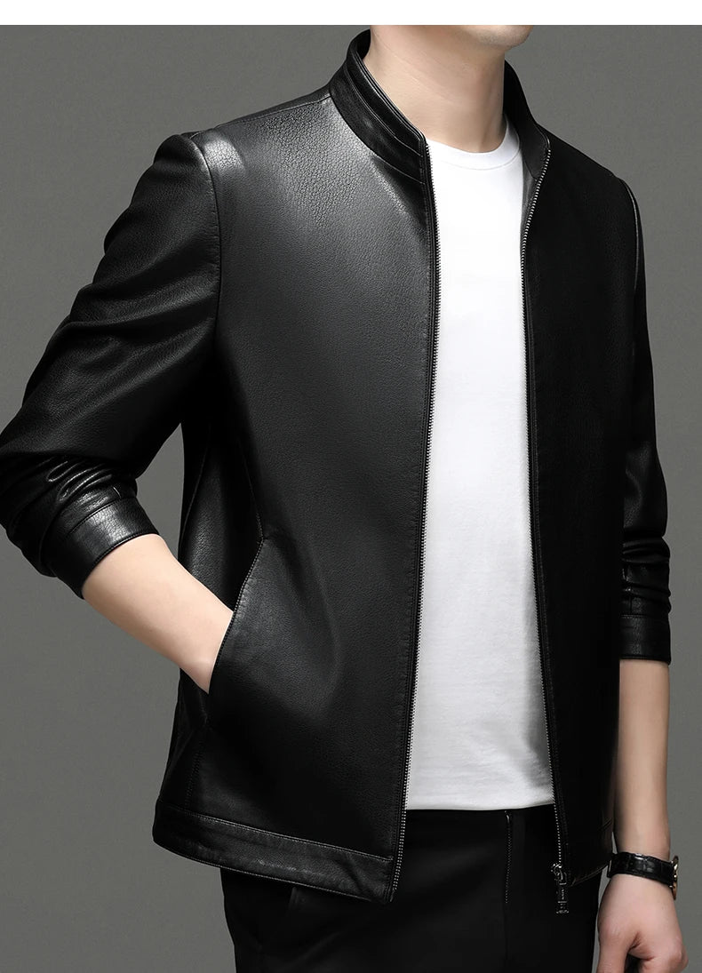 YN-2335 Spring and Autumn Men's Genuine Leather Polo Mock Neck Jacket Fashion Slim Sheepskin Coat Black Grey Husband Gift Youth