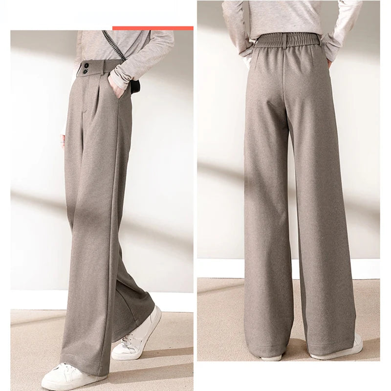 Autumn Winter Female Classic Daily Woolen Pants Girls Narrow Straight Leg Trousers Lady Solid Thicken High Waisted Pants
