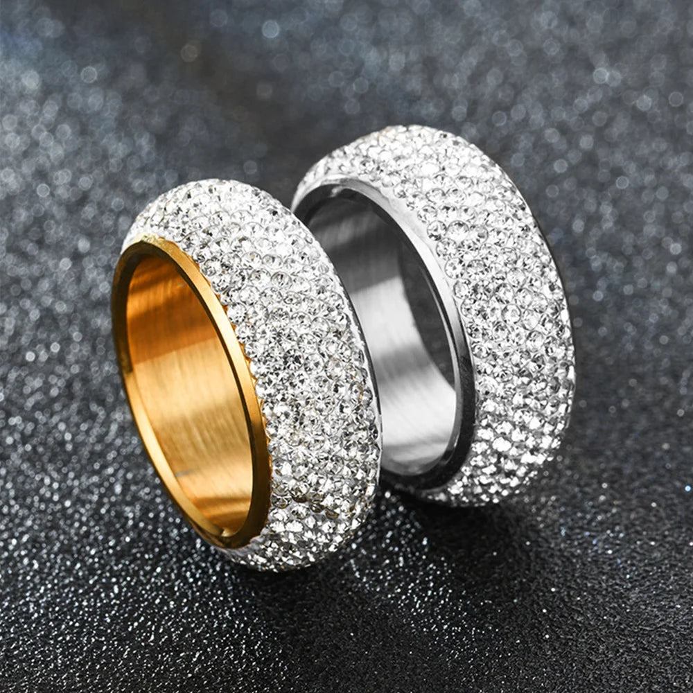 Hip Hop Iced Out Bling Arc Circle Ring Gold Silver Color Stainless Steel Cubic Zirconia Wedding Rings For Women Men Jewelry Gift