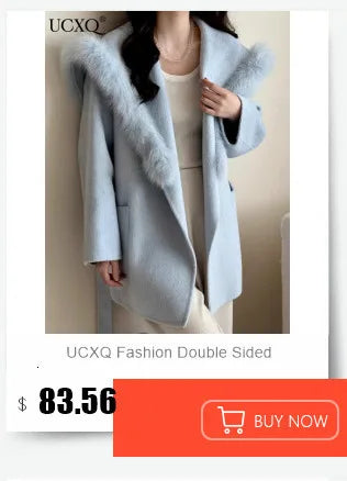 UCXQ Elegant OL Office Lady Overcoats Fur Patchwork Long Sleeve Woolen Coat Beautiful Women's Clothing Jacket Autumn 2025 Winter