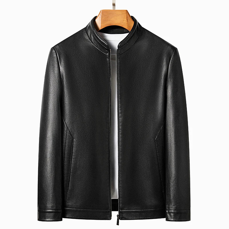 YN-2335 Spring and Autumn Men's Genuine Leather Polo Mock Neck Jacket Fashion Slim Sheepskin Coat Black Grey Husband Gift Youth