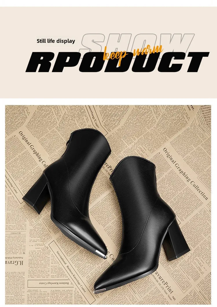 Women Leather Boots Luxury Pointed Brand Toe Chelsea Ankle Boots Trendy High Heels Zipper Goth Pumps Shoes French Women's Boots