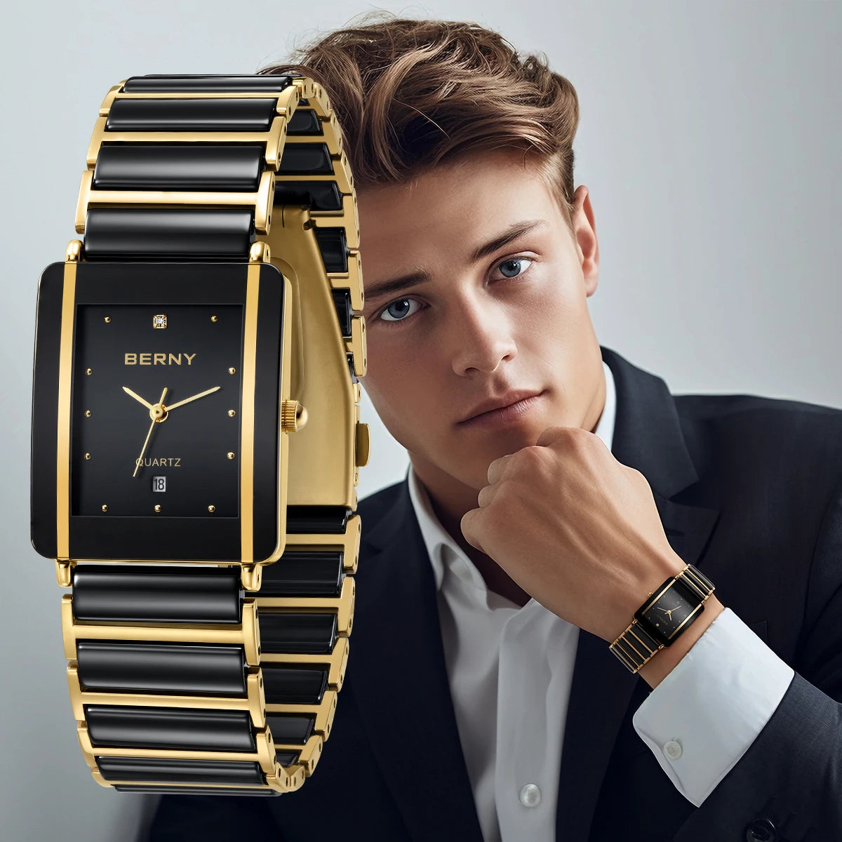 BERNY Ceramic Quartz Men Watch Fashion Luxury Rectangle Wristwatch XV12 Waterproof Calendar Diamon Black Gold Couple Gifts Watch