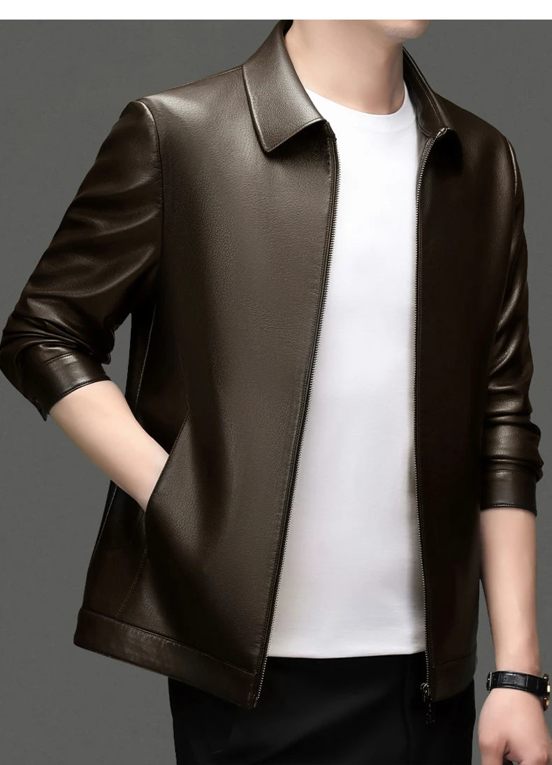 YN-2335 Spring and Autumn Men's Genuine Leather Polo Mock Neck Jacket Fashion Slim Sheepskin Coat Black Grey Husband Gift Youth