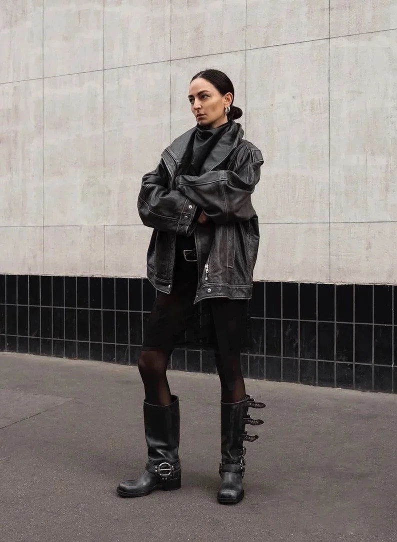 Arden Furtado 2025 Genuine Leather Platform Rivet Motorcycle boots Round toe Belt buckle Block heel mid wide calf Western boots