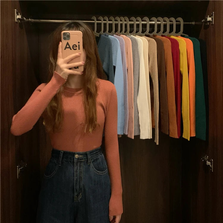 2025 New Women Sweater Autumn Winter Long Sleeve Pullover Basic Top Fashion O-neck Elastic Female Winter Solid Knitted Jumper