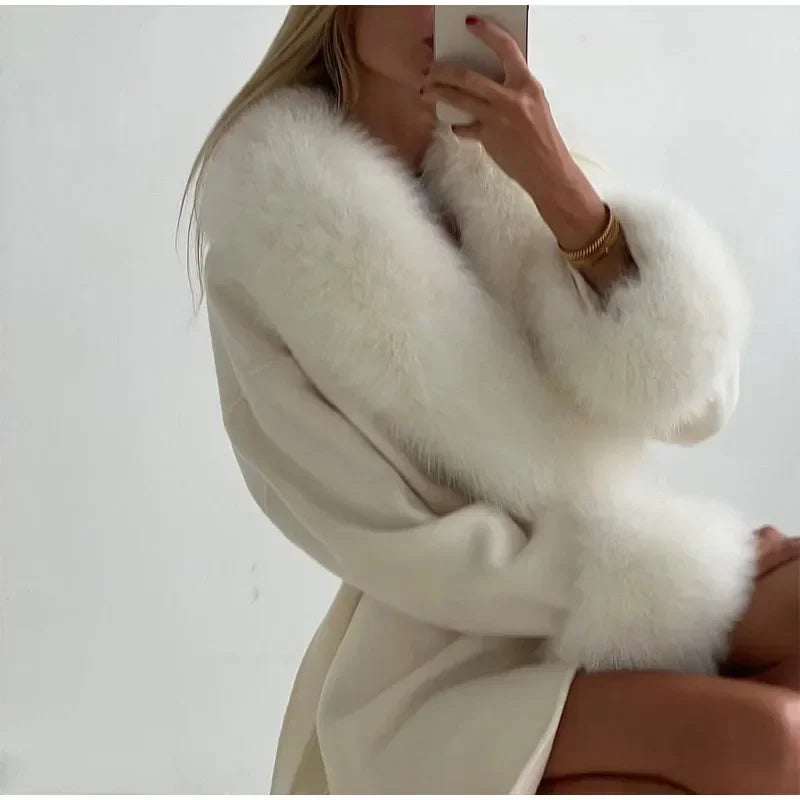 Elegant Fur Patchwork Woolen Coat Women Chic Full Sleeve V-neck Lace Up Loose Long Overcoat 2025 Lady Winter Commute Outwear