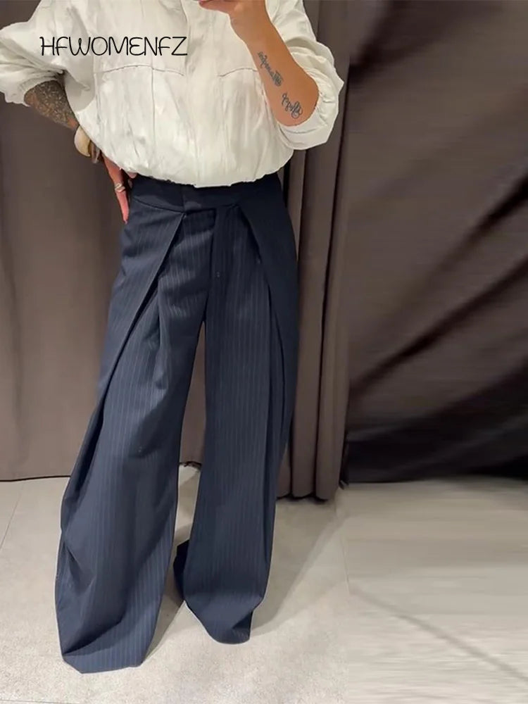 Casual Striped Loose Pants Women High Waist Pleated Straight Long Wide Leg Trousers Female 2025 Fashion Autumn Lady Bottoms