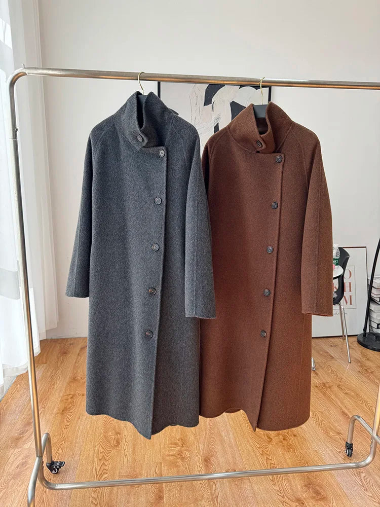 Korean Fashion Dark Gray Stand Collar 100%Wool Coat Women Long Winter Jacket