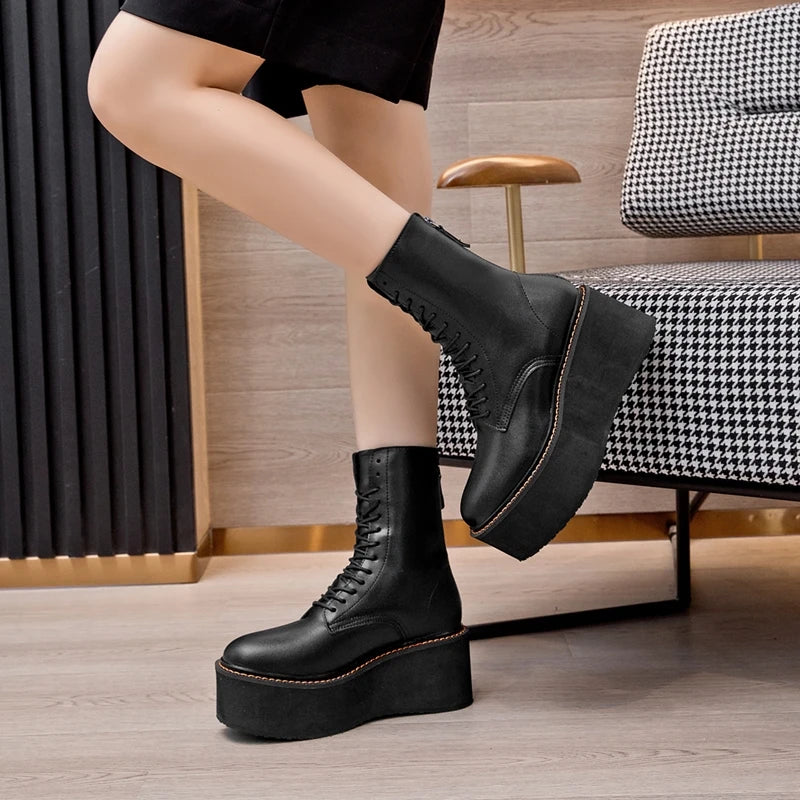 AIYUQI Women Ankle Boots Genuine Leather 2025 New Platform High Heel Short Boots Female Non-slip Large Size Women Winte Boots
