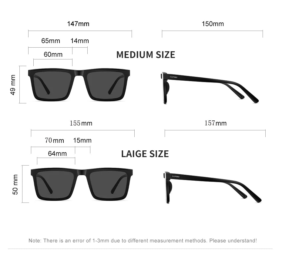 CAPONI Nylon Polarized Sunglasses High Quality Acetate Square Flat Design Sun Glasses For Men UV400 Protect Black Shades CP7499