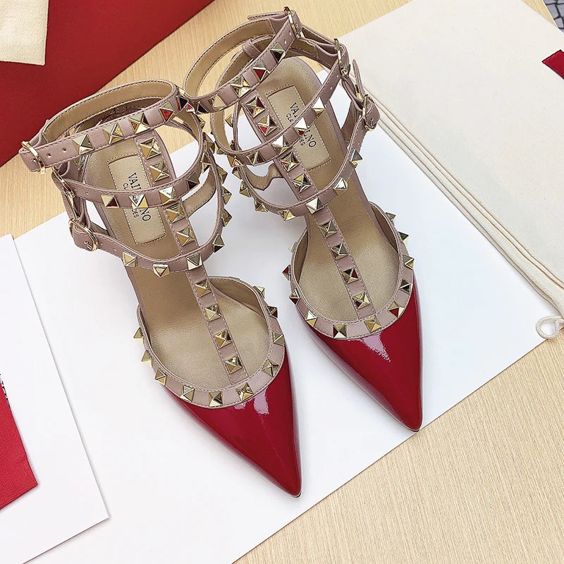 Three straps Rivet Heeled sandals luxury Women's Gladiator sandals summer Brand Slingbacks High Heels designer party Ladies Shoe