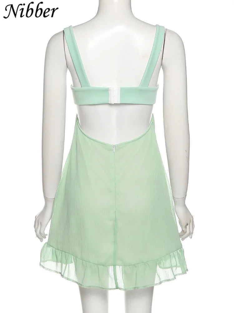 Nibber Vestidos Elegantes Para Mujer Solid Color Cutout Slim Sling Dress Sexy Backless Ruffle Dress Female2023