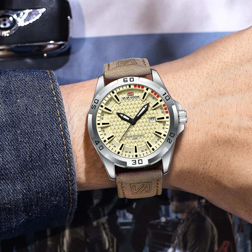 VA VA VOOM Men Casual Sport Military Quartz Calendar Wrist Watch for Man Business Leather Waterproof Male Clock Relogio Masculin