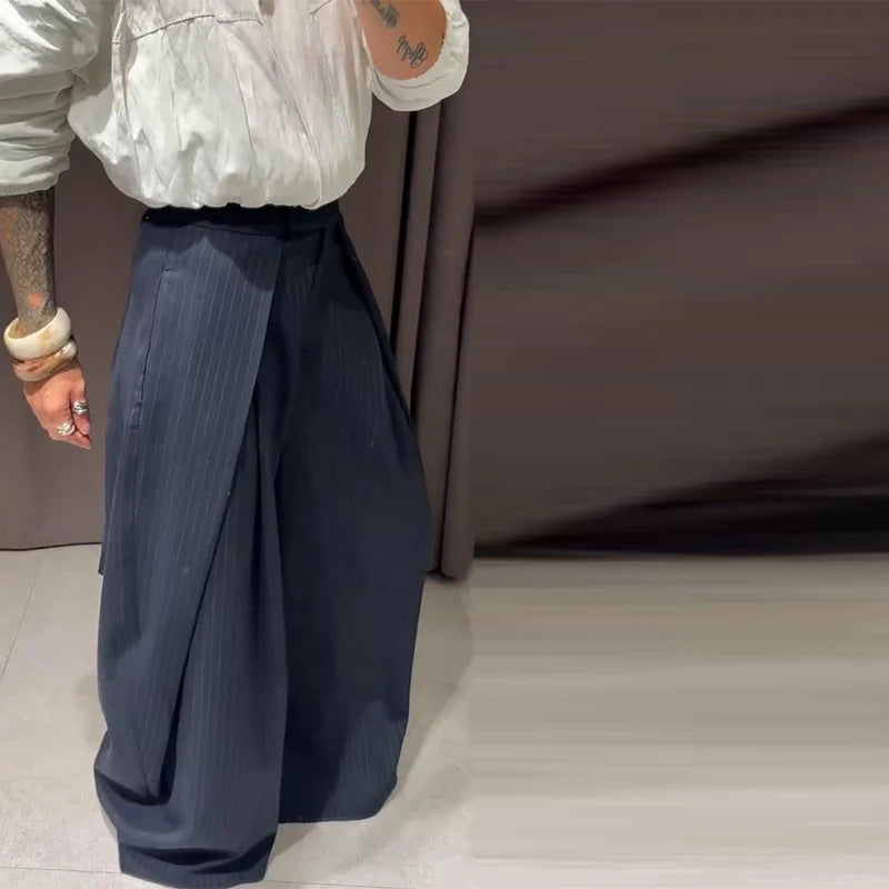 Casual Striped Loose Pants Women High Waist Pleated Straight Long Wide Leg Trousers Female 2025 Fashion Autumn Lady Bottoms