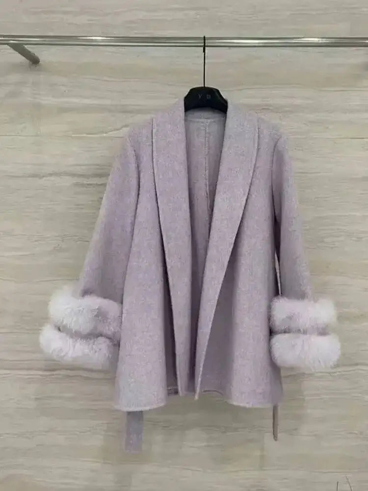 UCXQ Elegant OL Office Lady Overcoats Fur Patchwork Long Sleeve Woolen Coat Beautiful Women's Clothing Jacket Autumn 2025 Winter