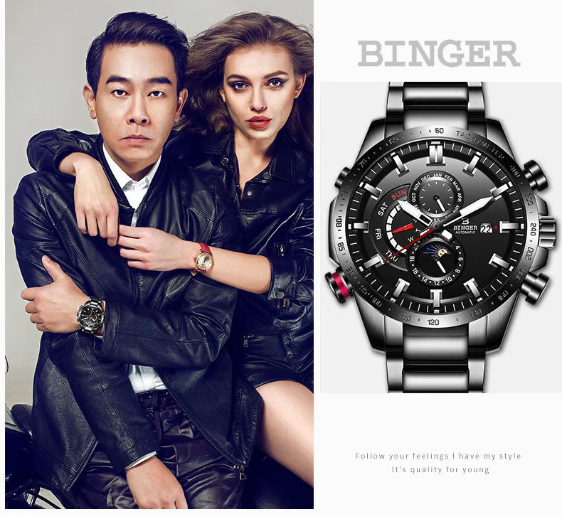 Genuine Luxury Switzerland BINGER Brand Mens Watches Automatic Mechanical Luminous Waterproof Running Calendar Male Moon Phase
