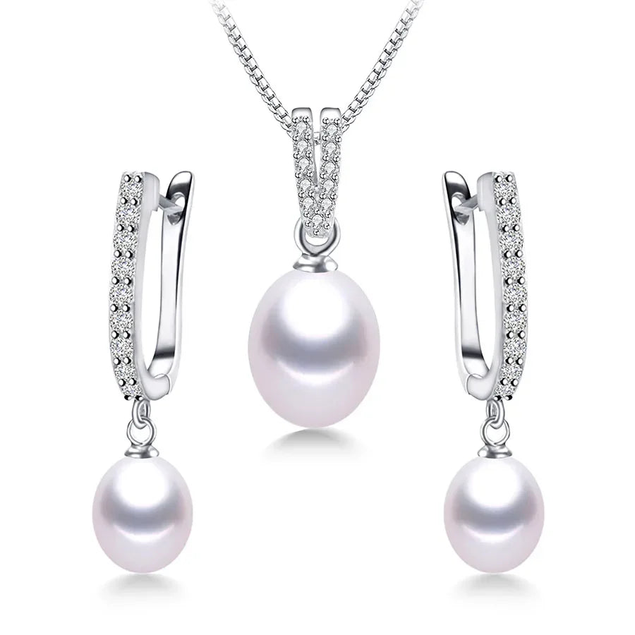 YWYC Horseshoe 8-9mm Rice Freshwater Pearl Earrings&Necklaces Jewelry Set for Women 925 Sterling Silver 45cm Pendant Necklace