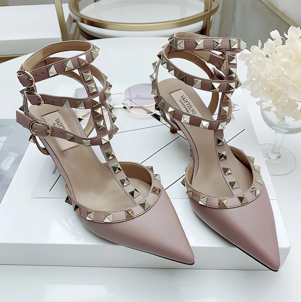 Three straps Rivet Heeled sandals luxury Women's Gladiator sandals summer Brand Slingbacks High Heels designer party Ladies Shoe