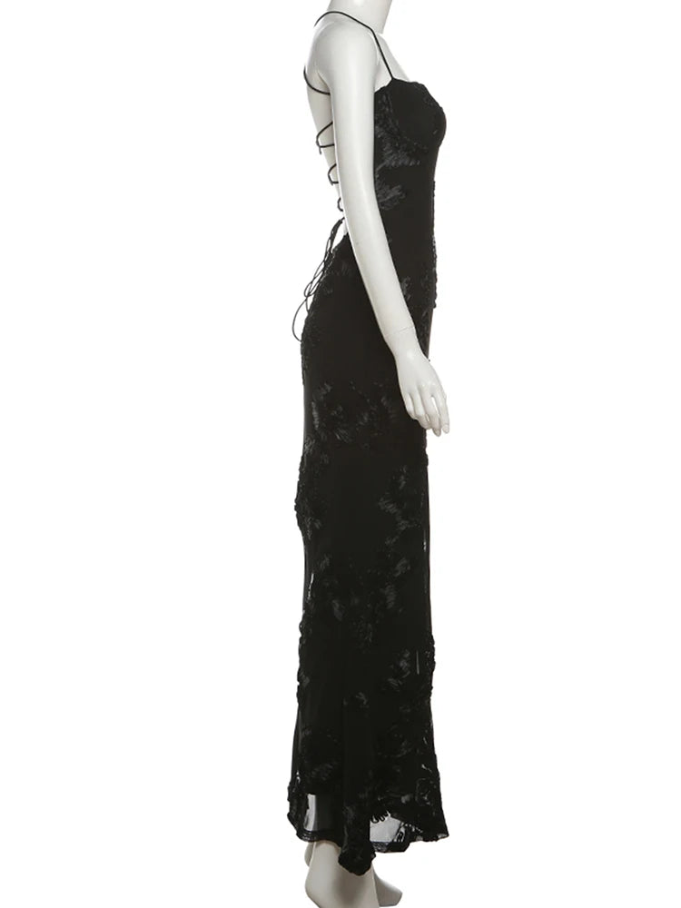 Nibber Elegant Flower Embroidery Maxi Dress Women Low-Neck Cross Bandage Backless Summer Street Trend Skinny Holiday Vestidos