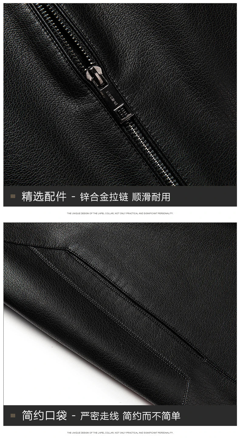 YN-2335 Spring and Autumn Men's Genuine Leather Polo Mock Neck Jacket Fashion Slim Sheepskin Coat Black Grey Husband Gift Youth
