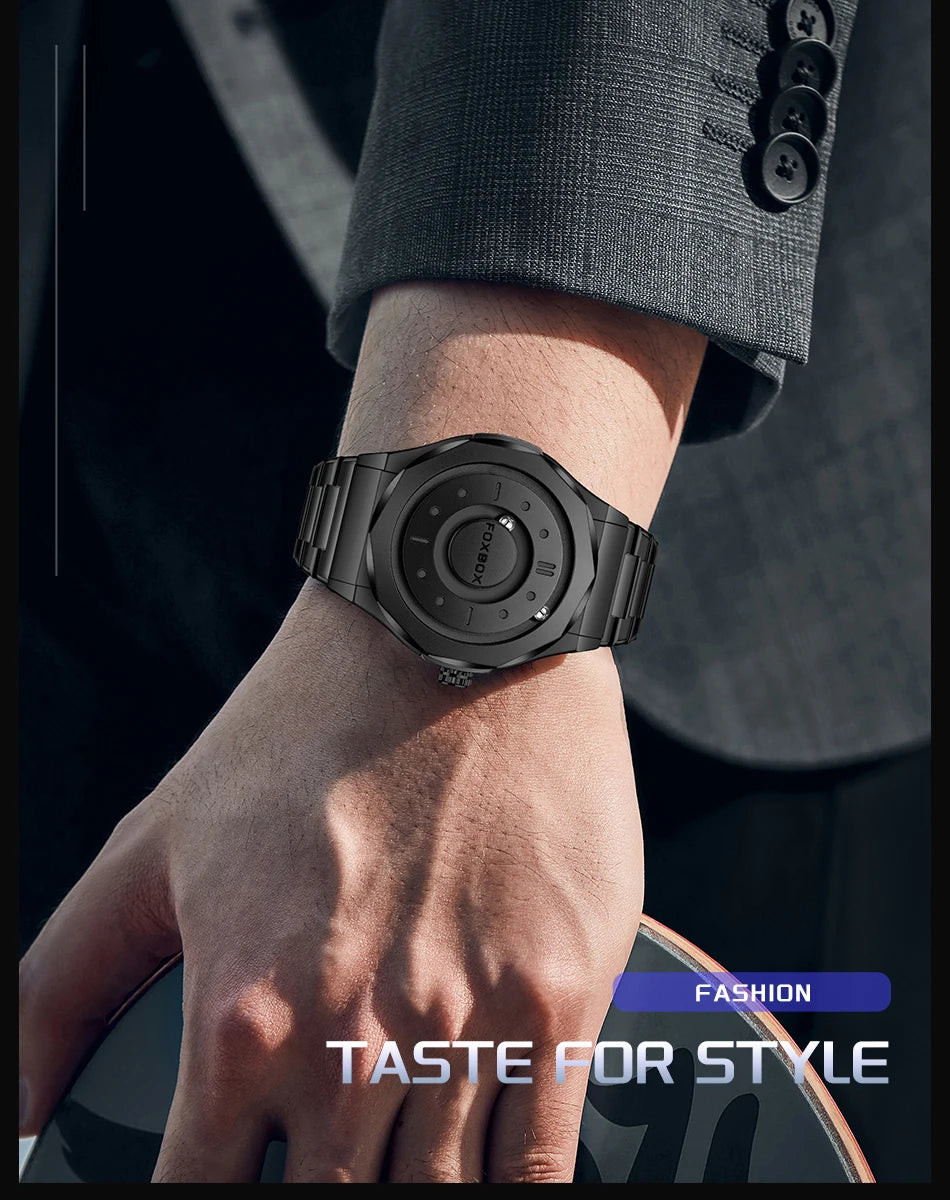FOXBOX Creative Scrolling Pointer Magnetic Force Men's Quartz Wristwatches Outdoor Sports Waterproof Watch Men Relogio Masculino