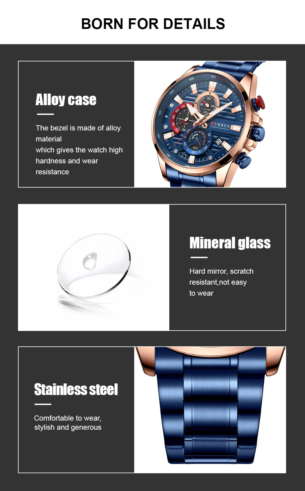 CURREN Sports Casual Quartz Wristwatches with Chronograph Fashion Stainless Steel Men's Watch Auto Date Clock Male with box