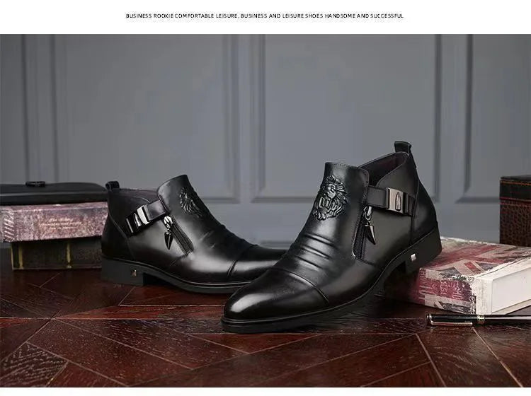 Trendy Men Boots Luxury Men's Shoes High Quality Leather Embossing Men's Boots Zip Male Leather Shoes Hard-Wearing Work Footwear