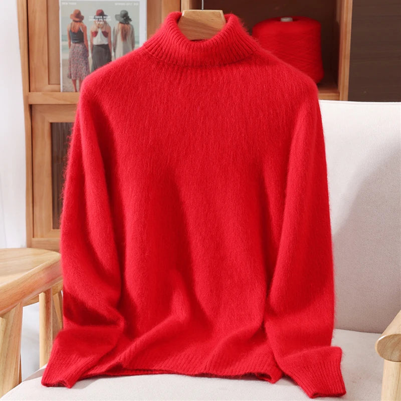 Autumn And Winter New 100% Mink Cashmere Sweater Ladies' High Lapel Solid Color Padded Pullover Wool Knitted Bottoming Shirt