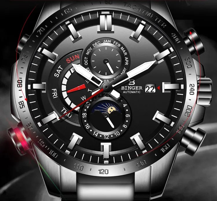 Genuine Luxury Switzerland BINGER Brand Mens Watches Automatic Mechanical Luminous Waterproof Running Calendar Male Moon Phase