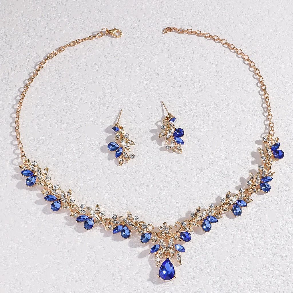 3PC Wedding Season Women's Fashion Trend Sparkling Leaf Water Drop Necklace Earrings Jewelry Set Banquet Party Holiday Gift