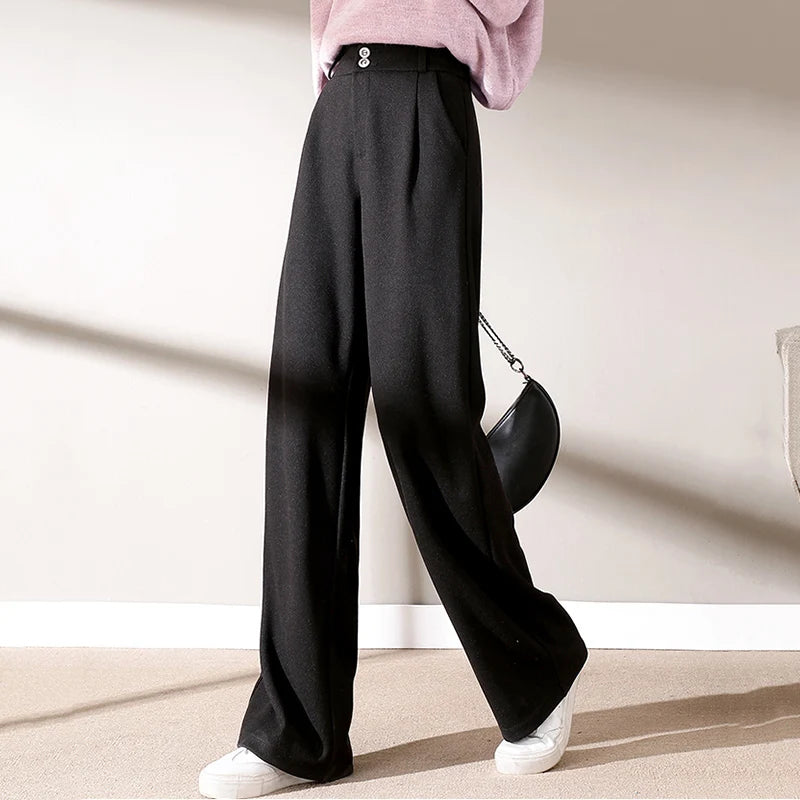 Autumn Winter Female Classic Daily Woolen Pants Girls Narrow Straight Leg Trousers Lady Solid Thicken High Waisted Pants