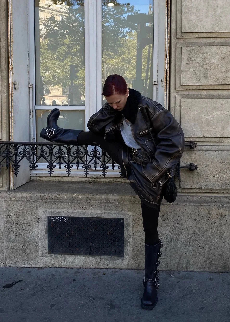 Arden Furtado 2025 Genuine Leather Platform Rivet Motorcycle boots Round toe Belt buckle Block heel mid wide calf Western boots