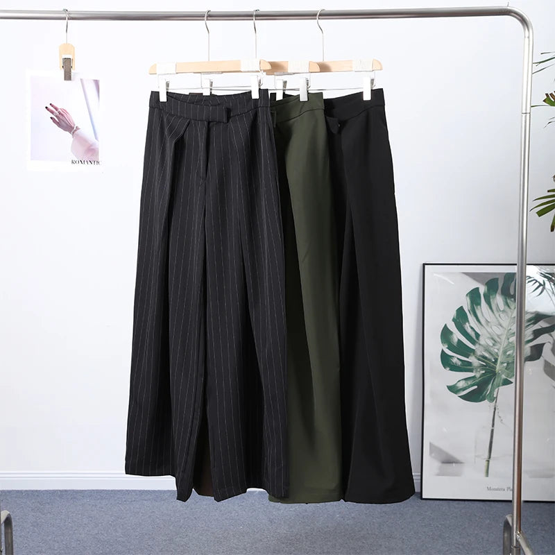 Casual Striped Loose Pants Women High Waist Pleated Straight Long Wide Leg Trousers Female 2025 Fashion Autumn Lady Bottoms
