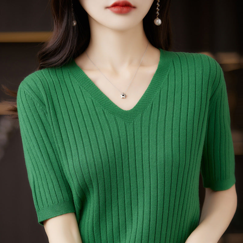 Women's Sweater Spring Summer Short Sleeve V-neck Knit Shirt Casual Korean Pullovers Stripe Bottoming Shirt Slim Fit Jumpers