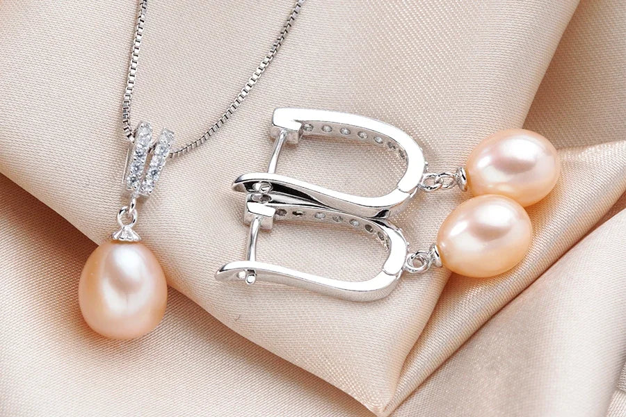 YWYC Horseshoe 8-9mm Rice Freshwater Pearl Earrings&Necklaces Jewelry Set for Women 925 Sterling Silver 45cm Pendant Necklace
