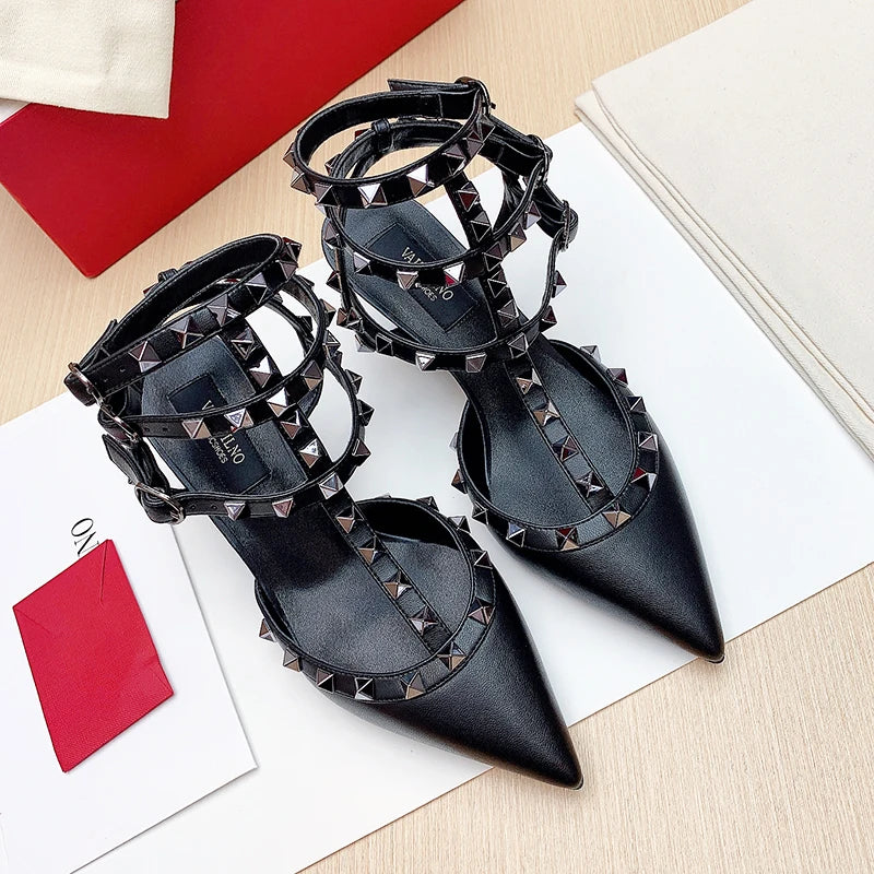Three straps Rivet Heeled sandals luxury Women's Gladiator sandals summer Brand Slingbacks High Heels designer party Ladies Shoe