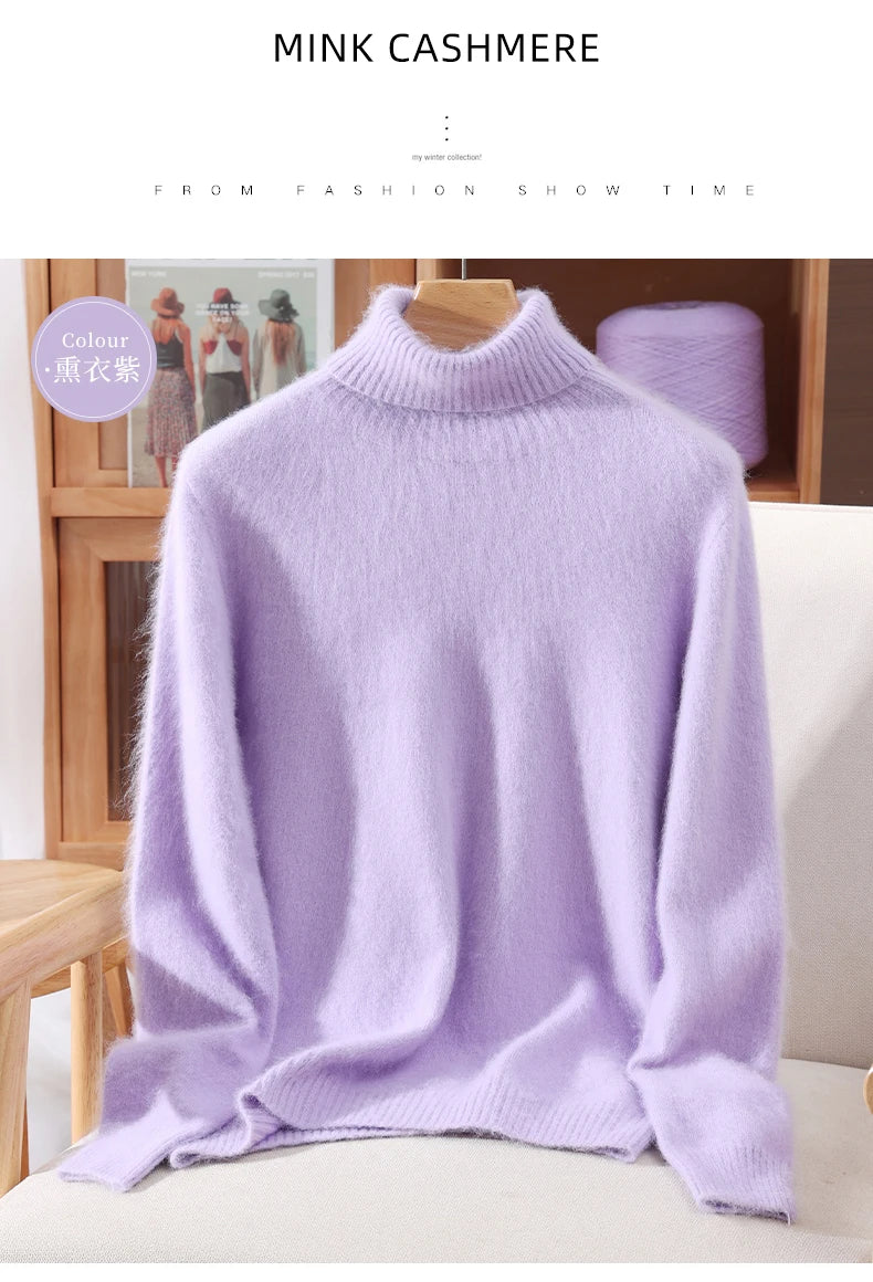 Autumn And Winter New 100% Mink Cashmere Sweater Ladies' High Lapel Solid Color Padded Pullover Wool Knitted Bottoming Shirt
