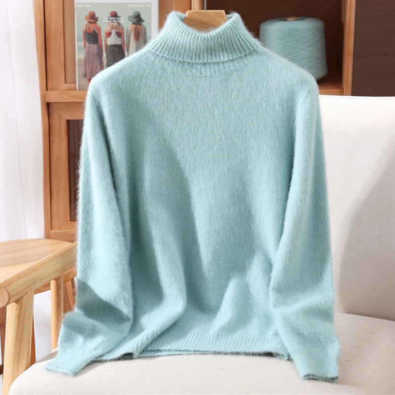 Autumn And Winter New 100% Mink Cashmere Sweater Ladies' High Lapel Solid Color Padded Pullover Wool Knitted Bottoming Shirt
