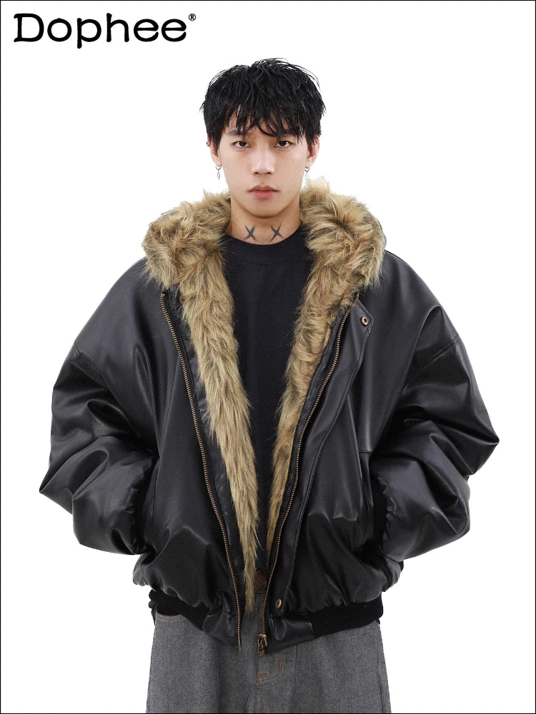 Men's Fashion High-end Long Sleeve Jacket Cotton Clothes Men's 2024 Winter New Velvet Thickened Double-sided Fur Integrated Coat