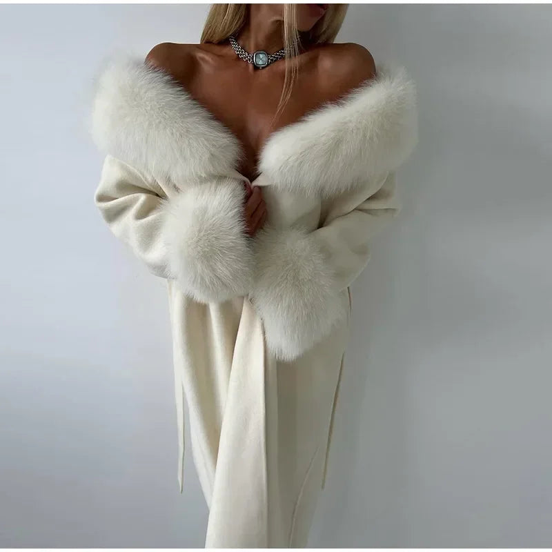 Elegant Fur Patchwork Woolen Coat Women Chic Full Sleeve V-neck Lace Up Loose Long Overcoat 2025 Lady Winter Commute Outwear