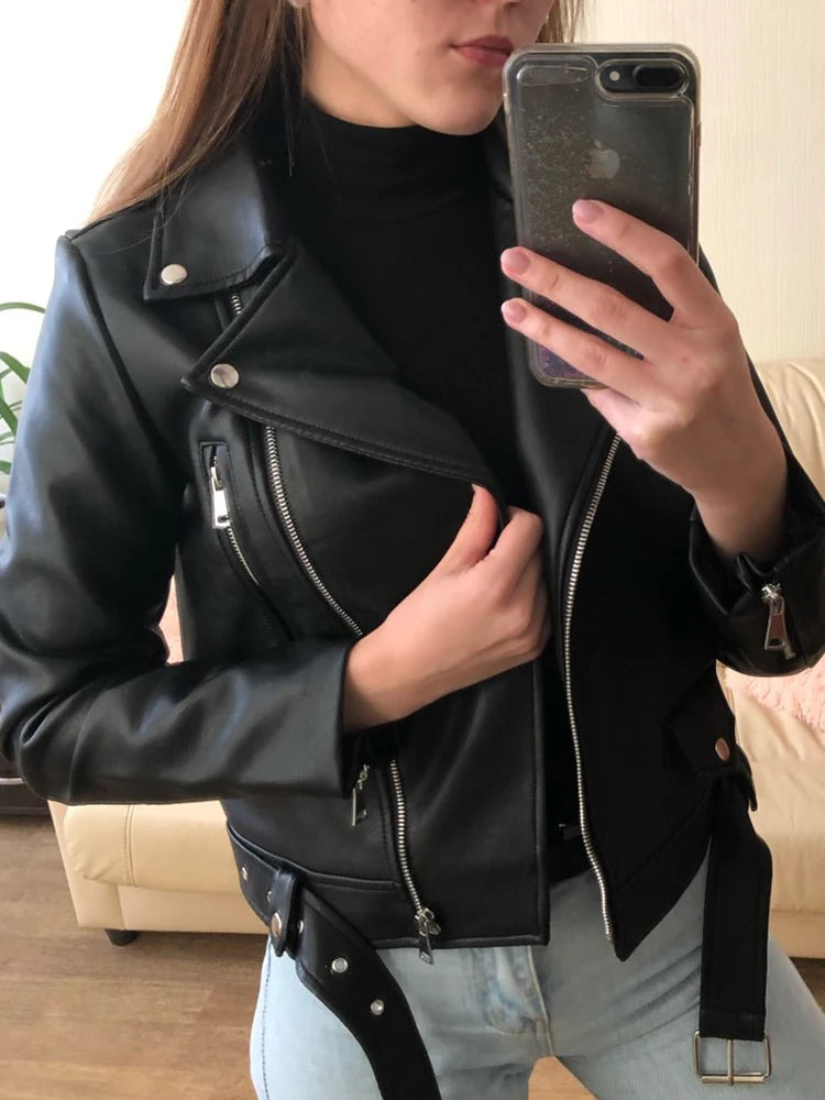 Ailegogo Spring Autumn Women Moto Biker Black Pu Fuax Leather Jacket Streetwear Female Belt Zipper Slim Fit Short Coat Outwear