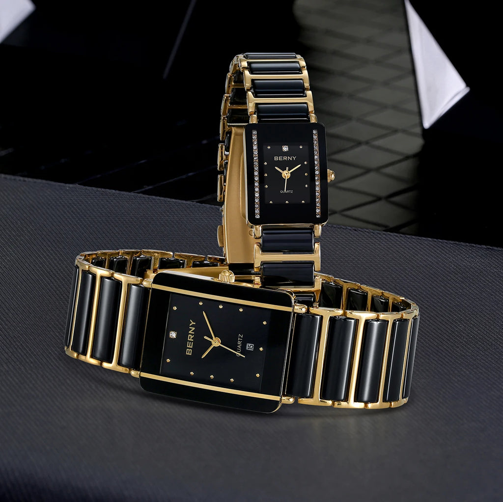 BERNY Ceramic Quartz Men Watch Fashion Luxury Rectangle Wristwatch XV12 Waterproof Calendar Diamon Black Gold Couple Gifts Watch