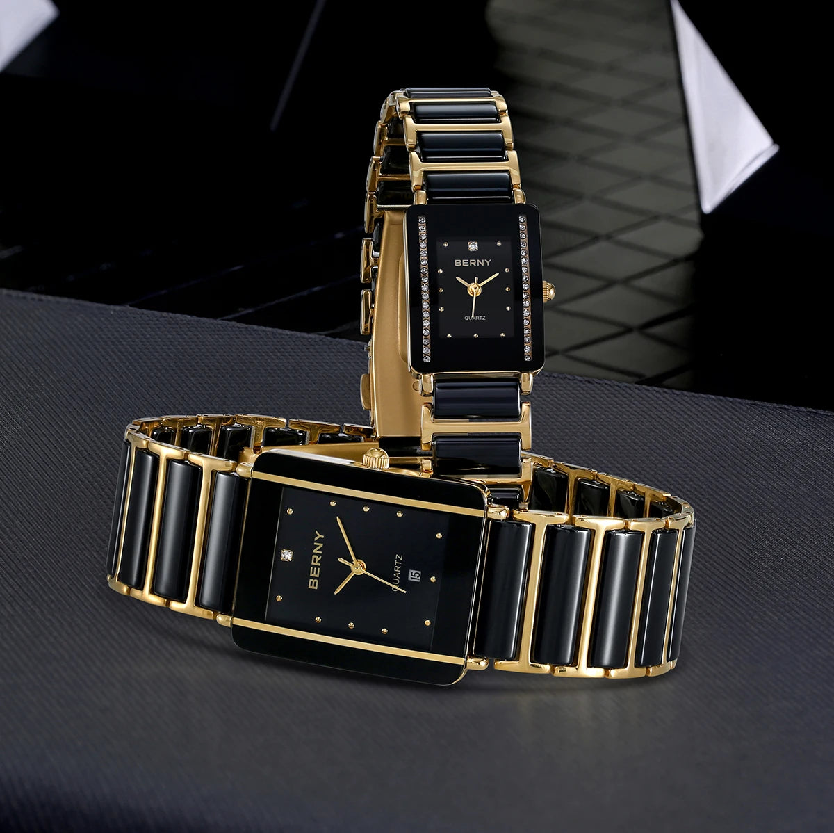 BERNY Ceramic Quartz Men Watch Fashion Luxury Rectangle Wristwatch XV12 Waterproof Calendar Diamon Black Gold Couple Gifts Watch
