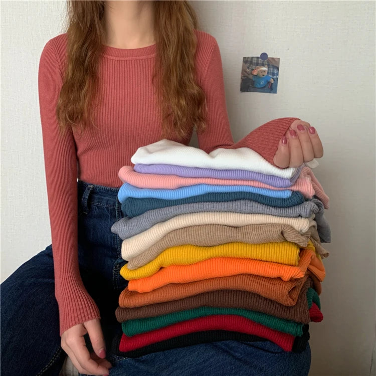 2025 New Women Sweater Autumn Winter Long Sleeve Pullover Basic Top Fashion O-neck Elastic Female Winter Solid Knitted Jumper