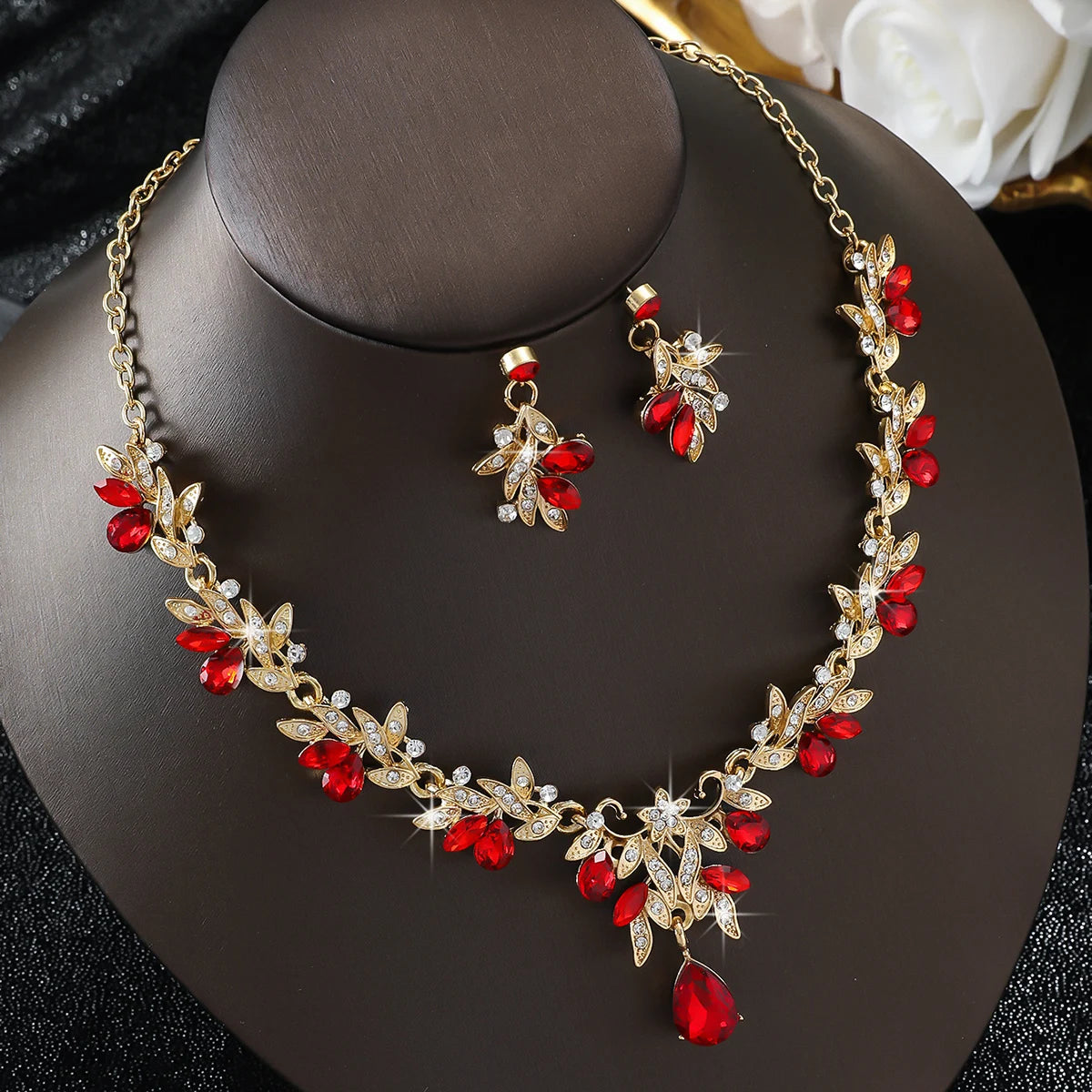 3PC Wedding Season Women's Fashion Trend Sparkling Leaf Water Drop Necklace Earrings Jewelry Set Banquet Party Holiday Gift