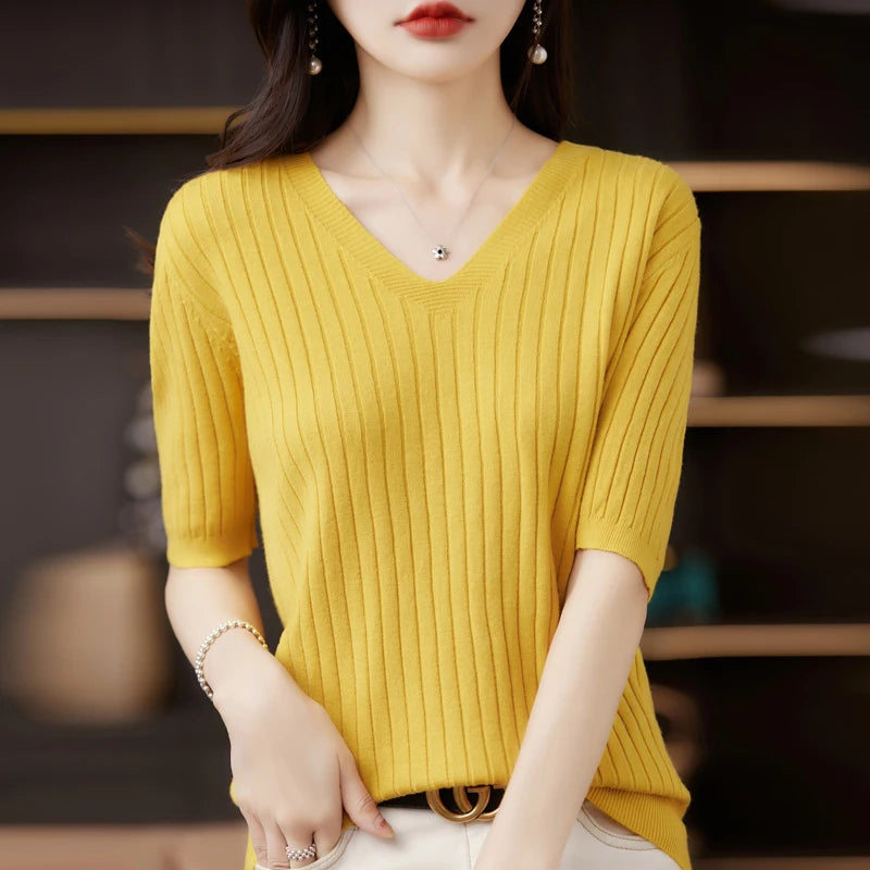 Women's Sweater Spring Summer Short Sleeve V-neck Knit Shirt Casual Korean Pullovers Stripe Bottoming Shirt Slim Fit Jumpers