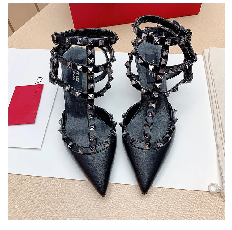 Three straps Rivet Heeled sandals luxury Women's Gladiator sandals summer Brand Slingbacks High Heels designer party Ladies Shoe