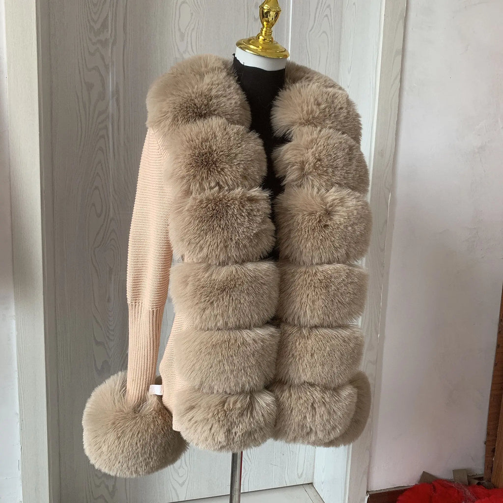 Women Faux Fur Knit Sweater cardigan Spring Autumn elegant Knitted sweater with faux fox fur collar Ladies Fashion Coat fur coat